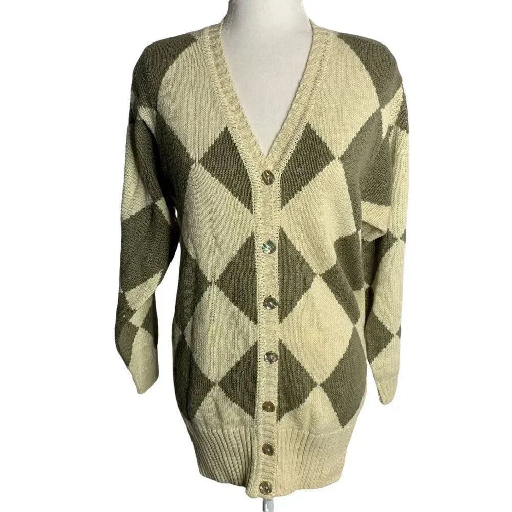 Vintage Knit Argyle Cardigan Sweater S Cream Buttons Long Sleeves Shoulder Pads
